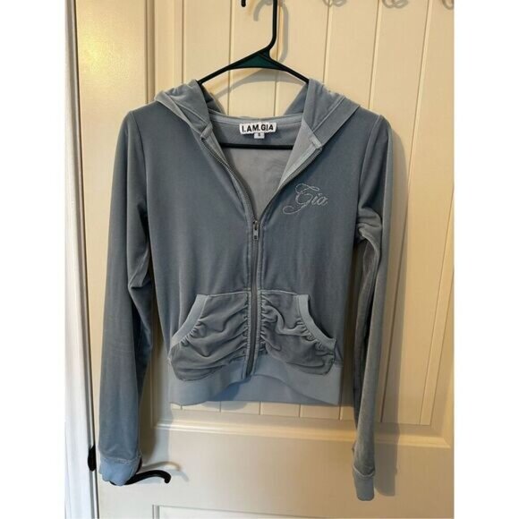 I.AM.GIA Kameron Velour Zip Up Jacket Women Small Blue Bedazzled Ruched - Picture 6 of 16